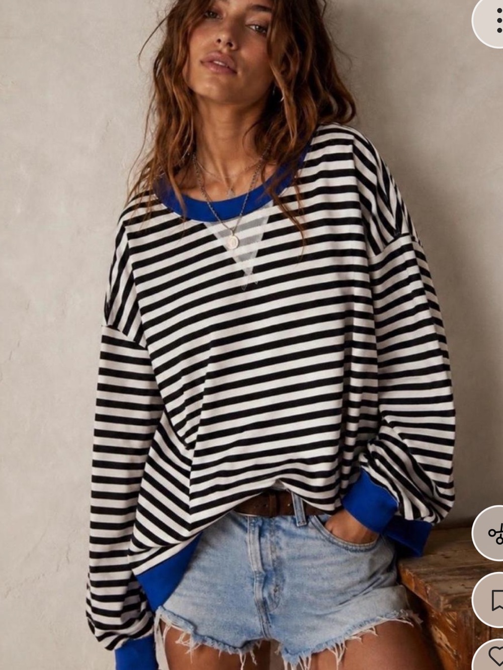 We The Free Black & White Striped Sweatshirt with Blue Trim